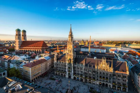 Aerial view of Munich: Marienplatz, Neues Rathaus and Frauenkirche