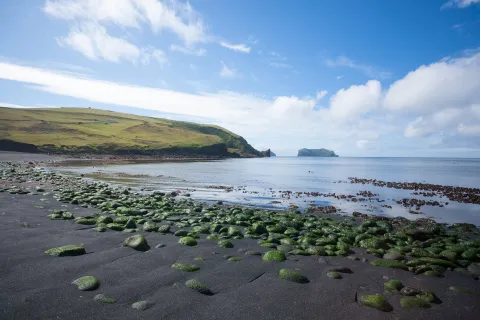 View of the beach on Vestmannaeyjar island during the day