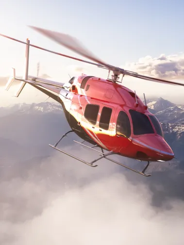 Helicopter flying over snowy mountains