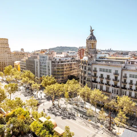 Aerial view of the "Paseo de Gracia" with luxurious buildings in Barcelona