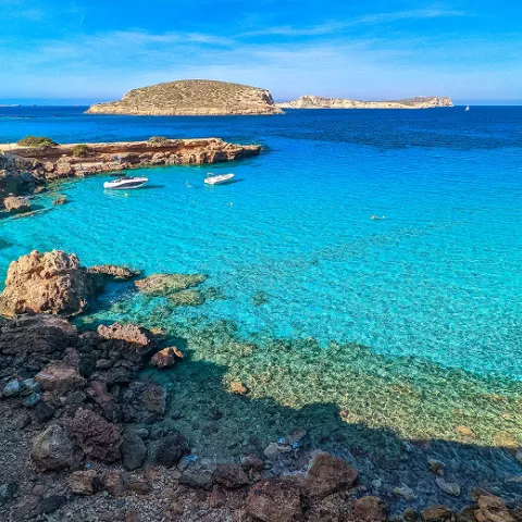 Aerial view of the beach "Platges de Comte" in Ibiza
